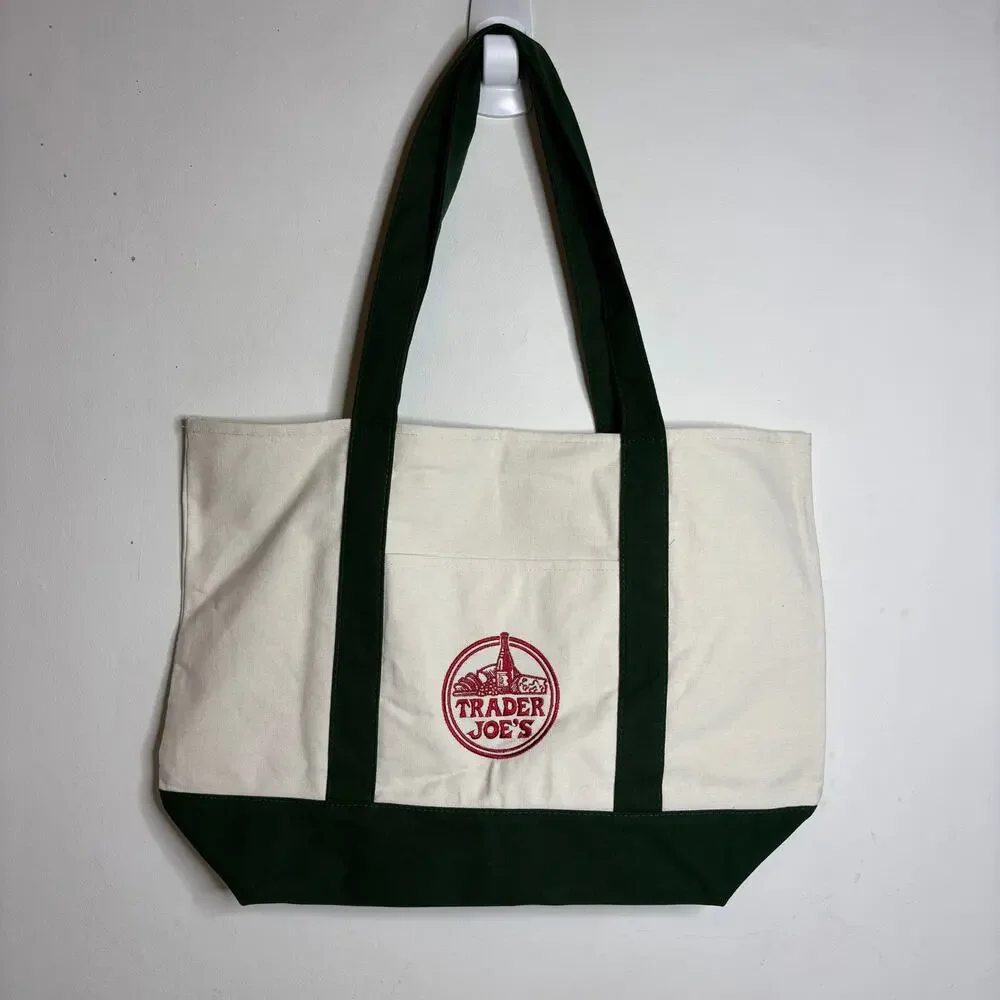 Lot 2x Trader Joe’s Canvas Tote Bag Green Red Grocery Shopping Eco Reusable NWT! - Picture 2 of 7